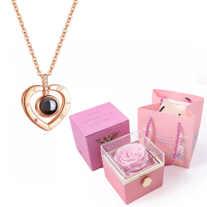 100 Languages I Love You Projection Necklace with Rotating Rose Gift Box 2023 New Creativity Design Romantic Luxury Jewelry Set