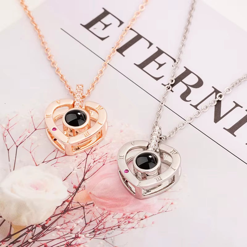 100 Languages I Love You Projection Necklace with Rotating Rose Gift Box 2023 New Creativity Design Romantic Luxury Jewelry Set