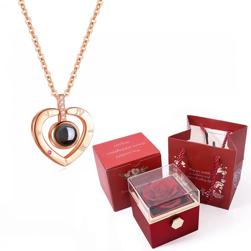 100 Languages I Love You Projection Necklace with Rotating Rose Gift Box 2023 New Creativity Design Romantic Luxury Jewelry Set